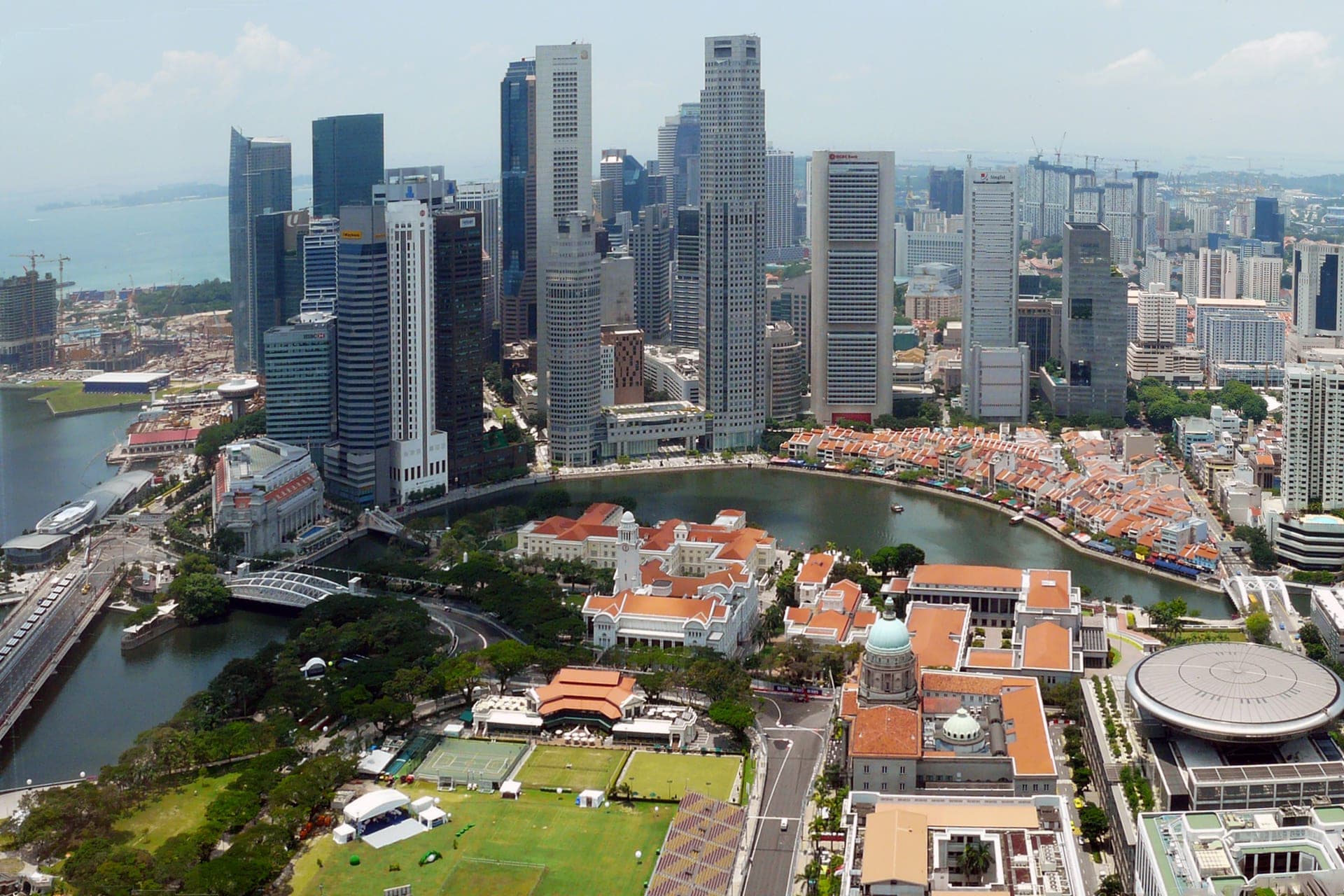 Aerial daytime view of the Singapore central business district skyline